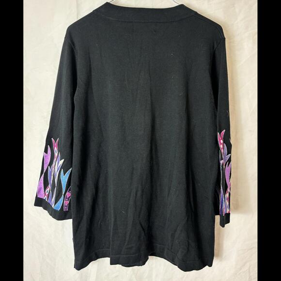 Bob Mackie Wearable Art Black Knit Cardigan with Colorful Embroidery - Size S - Picture 3 of 3